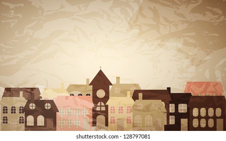 Card with a beautiful little  town. Vector illustration