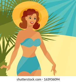 Card with beautiful pin up girl 1950s style on the beach.