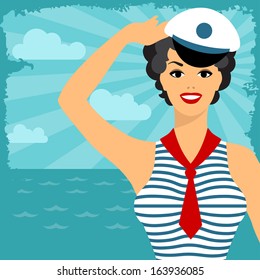 Card with beautiful pin up sailor girl 1950s style.