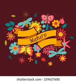 Card with beautiful simple flowers, beetles and butterflies.