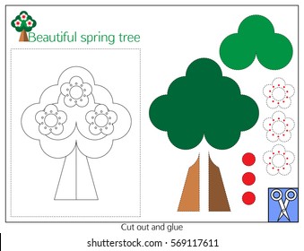 Card "Beautiful spring tree" with a paper application details. The template for the early child creativity. Preschool worksheet with paper color details of blooming tree. Vector.