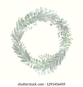 Card with beautiful twigs with leaves. Wedding ornament concept. Imitation of watercolor. Sketched wreath, floral and herbs garland