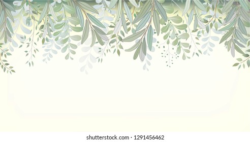 Card with beautiful twigs with leaves. Wedding ornament concept. Imitation of watercolor. Sketched wreath, floral and herbs garland