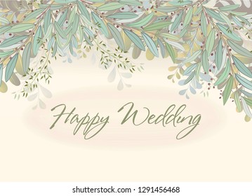 Card with beautiful twigs with leaves. Wedding ornament concept. Imitation of watercolor. Sketched wreath, floral and herbs garland