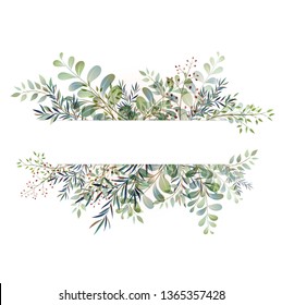 Card with beautiful twigs with leaves. Wedding ornament concept. Imitation of watercolor, isolated on white. Sketched wreath, floral and herbs garland