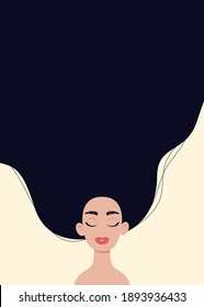 A card with a beautiful woman with long hair. Modern hand-drawn vector illustration. Hair and beauty salon card.