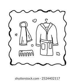 card of beauty elements: comb, robe, towel. Hand drawn doodle illustration. Childish naive vector art