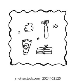 card of beauty elements: razor and shaving foam, towel, cream. Hand drawn doodle illustration. Childish naive vector art