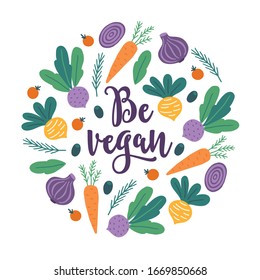 Card with beet, onion, carrot, dill, olives, cherry tomato on white background. Circle ornament. Be vegan. Healthy eating. Vector illustration.