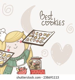 Card Best Cookies with cute girl who bakes cookies on it. Sweet invitation 