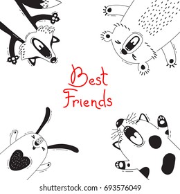 Card with Best Friends Bear Fox Dog Rabbit. Vector illustration.