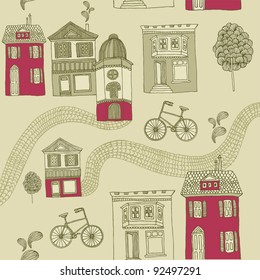  card with bicycle and houses