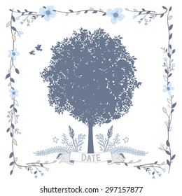 Card with Big Tree, Birds and Floral Frame. Vector Illustration with Flat Design.