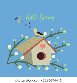 card of bird and her house with blossom tree