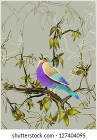 Card with a bird on a tree branch. Illustration of birds.