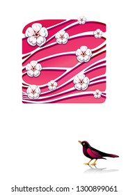 Card with a bird and square frame with blooming branches od sakura on pink background  