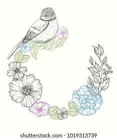 Card with birds and flowers, line drawings, ink drawing, hand drawn illustration