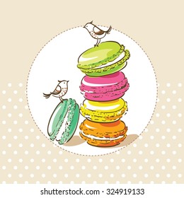 card with birds and french dessert macarons