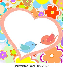 Card with birds on red heart among flowers with place for text