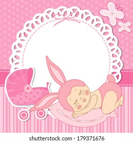 card with the birth of a child girl in bunny costume