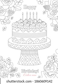 card with birthday cake with five candles surrounded flowers for your coloring book