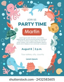 Card for a birthday celebration on a nautical theme. Party themed sea animals illustration