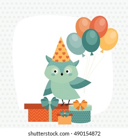 Card for birthday with cute little owl. Children's birthday party. Cute birthday