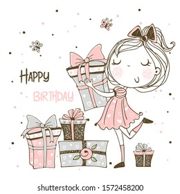 Card to the birthday with a cute Princess and a large birthday cake. Vector.