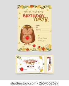 Cartão - Convite de aniversário e Ticket no tema de outono com ouriço bonito, tipografia, maçãs, folhas de outono. Perfeito para eventos infantis ou para imprimir convites. Ilustração vetorial.