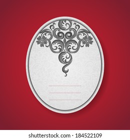 Card with black curls on scroll work east style background. Place for text.Template frame design for labels. Contrast border. Wedding invitation and greeting card. Vector illustration. Save for date.