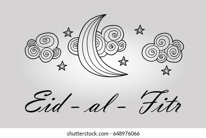 Card with black moon on white for greeting with finishing of fasting month Ramadan, Islamic holiday Eid al-Fitr.