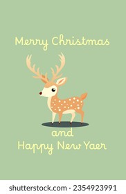 Card blank with new year and Christmas greetings. Little cute Christmas deer in flat cartoon style, vector illustration.