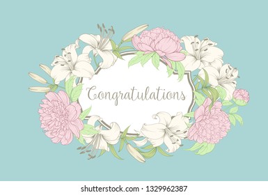 Card with blooming lily. Vintage label card. Congratulation card template for your holiday. Vector illustration.