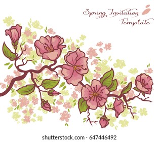 Card with blooming tree branch, apple tree or sakura pink flowers on white background, vector illustration