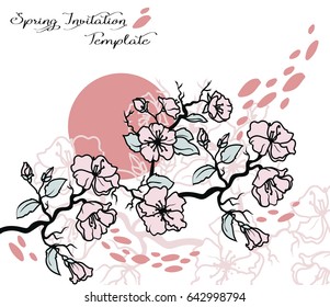 Card with blooming tree branches, sakura in traditional japanese style, vector illustration