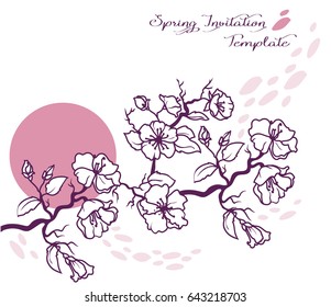 Card with blooming tree branches, sakura in traditional japanese style, vector illustration