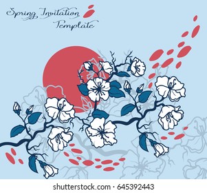 Card with blooming tree branches, sakura in traditional japanese style, vector illustration