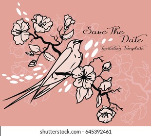 Card with blooming tree branches and sitting swallow, pink colors, vector illustration