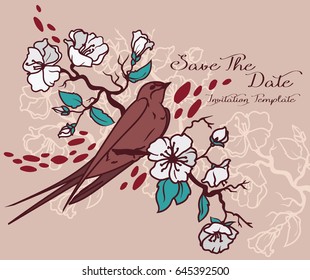 Card with blooming tree branches and sitting swallow, classic retro palette, vector illustration