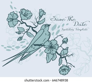 Card with blooming tree branches and sitting swallow, light blue colors, vector illustration