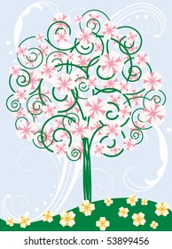 Card with blooming tree. Illustration in vector