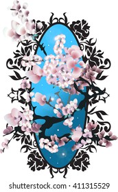 Card with blossom sakura. Vector illustration for design. Elegant silhouette style