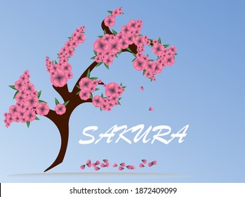 Card with blossoming oriental cherry branch in traditional japanese sumi-e style on vintage watercolor background. Hieroglyph sakura .