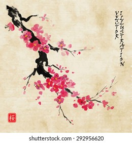 Card with blossoming oriental cherry branch in traditional japanese sumi-e style on vintage watercolor background. Hieroglyph "sakura".