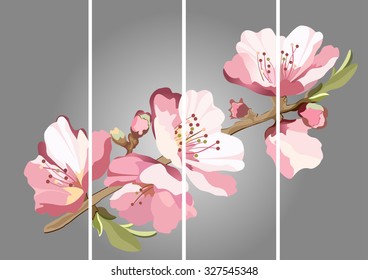 Card with blossoming oriental cherry branch in traditional japanese