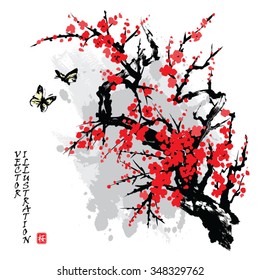 Card with blossoming oriental cherry branch and butterflies in traditional japanese sumi-e style. Hieroglyph "sakura".