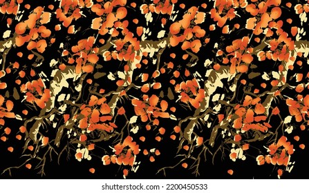 Card with blossoming oriental cherry branches and butterflies in traditional Japanese  Sumi-e style. Hieroglyph "sakura".