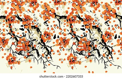 Card with blossoming oriental cherry branches and butterflies in traditional Japanese  Sumi-e style. Hieroglyph "sakura".