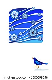 Card with a blue bird and square frame with blooming branches on blue background  