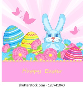 Card with blue bunnies and Easter eggs